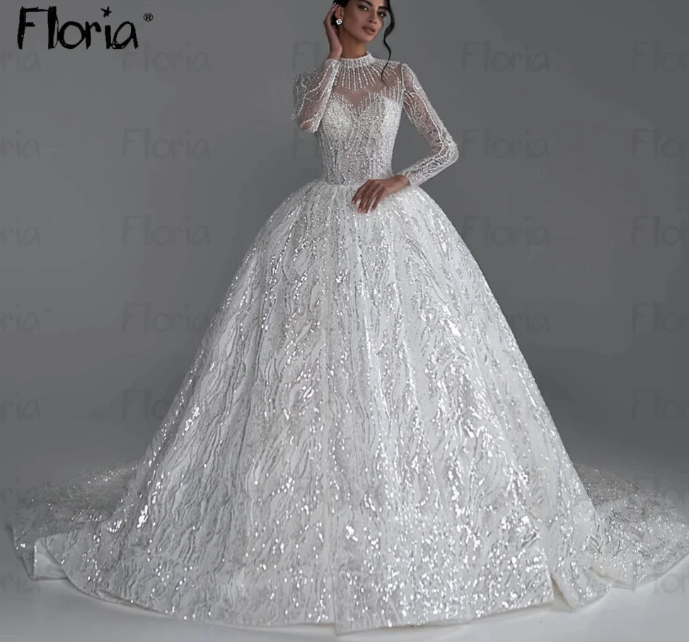 

Women Sheer Neck Full Beading Long Sleeve Muslim Wedding Dress Princess Ball Gown Luxury Bridal Dresses Dubai Formal Gown