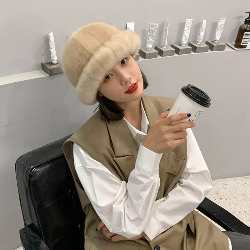 Real Mink Fur Bucket Hat Warm For Autumn Winter Outdoor Shopping Ski Skate For Women Street Daily Wear For Cold Weather Days