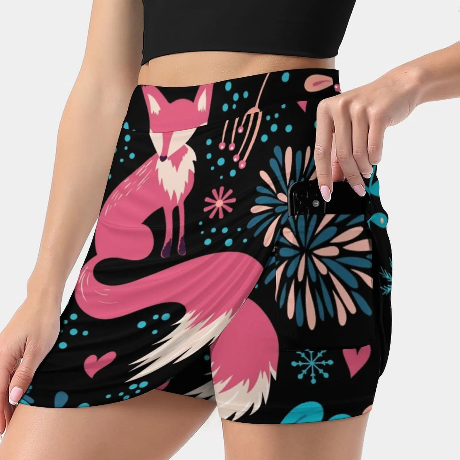 Fox With Winter Flowers And Snowflakes Women's skirt With Hide Pocket Tennis Skirt Golf Skirts Badminton Skirts Running skirts