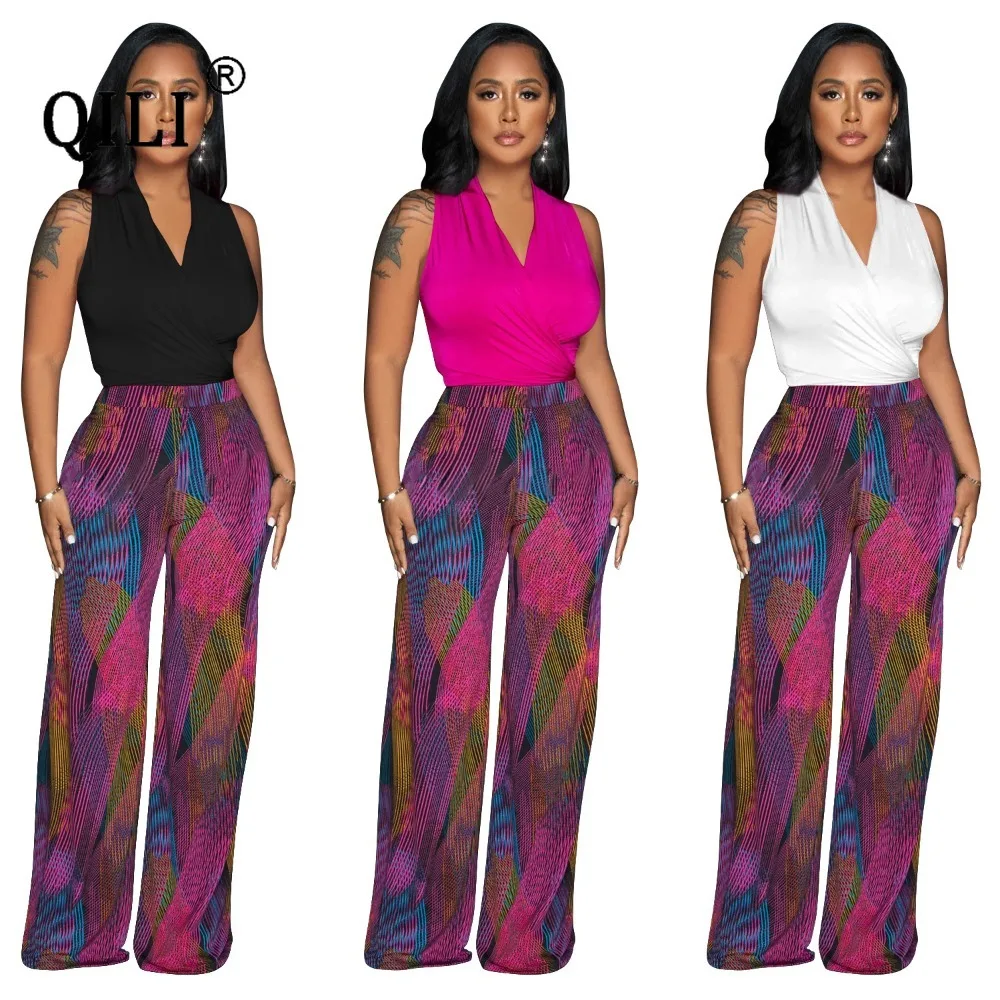 

QILI-Colorful Printed Two-Piece Set for Women, V-Neck Sleeveless Pants, Fashion