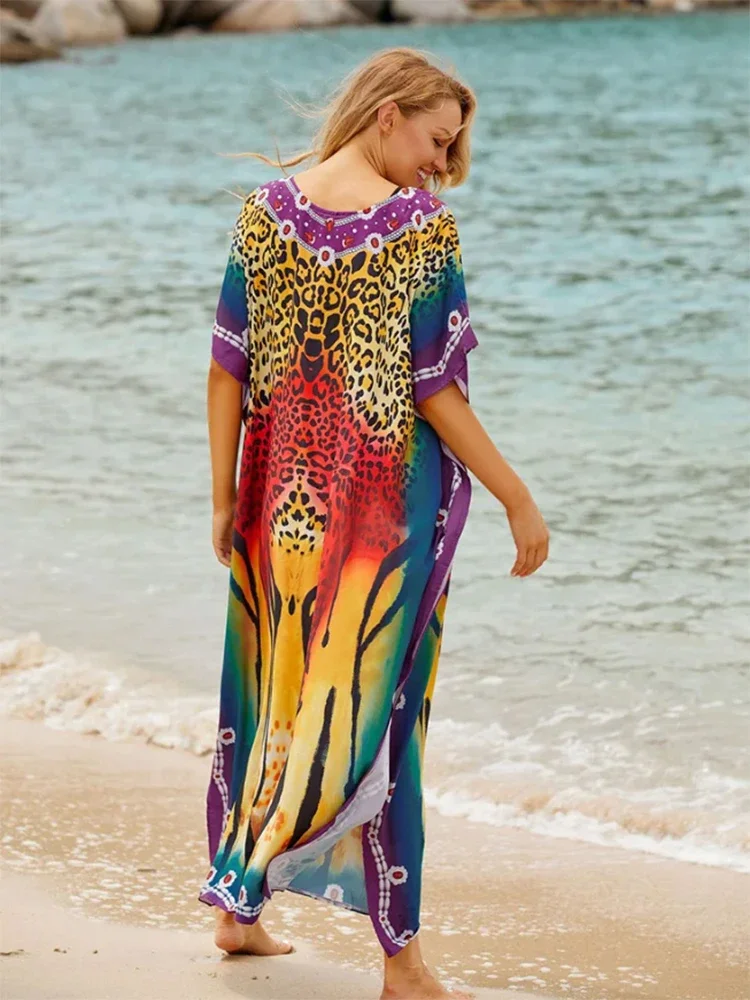 Sunforyou Moo Moos Leopard Print Kafftan Dresses for Women Plus size Swimsuit Cover Up Sliky Caftans Loungewear Robe Pareos