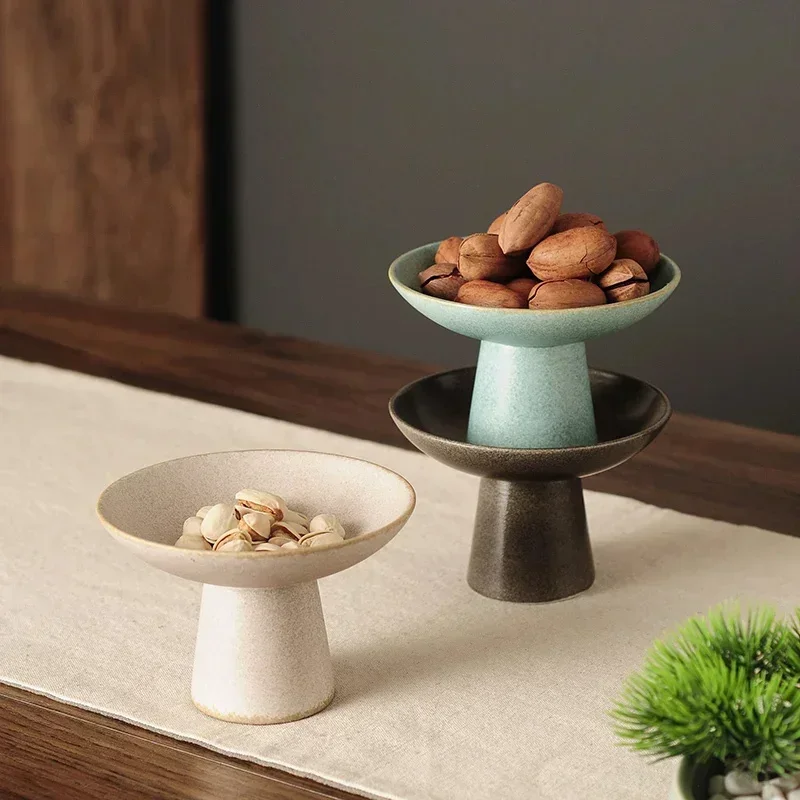 High-footed Refreshment Tray Fruit Plate Salad Bowl Round Ceramic Plate Snack Tray Dish Cake Pan Dessert Bowl Dried Fruit Plates