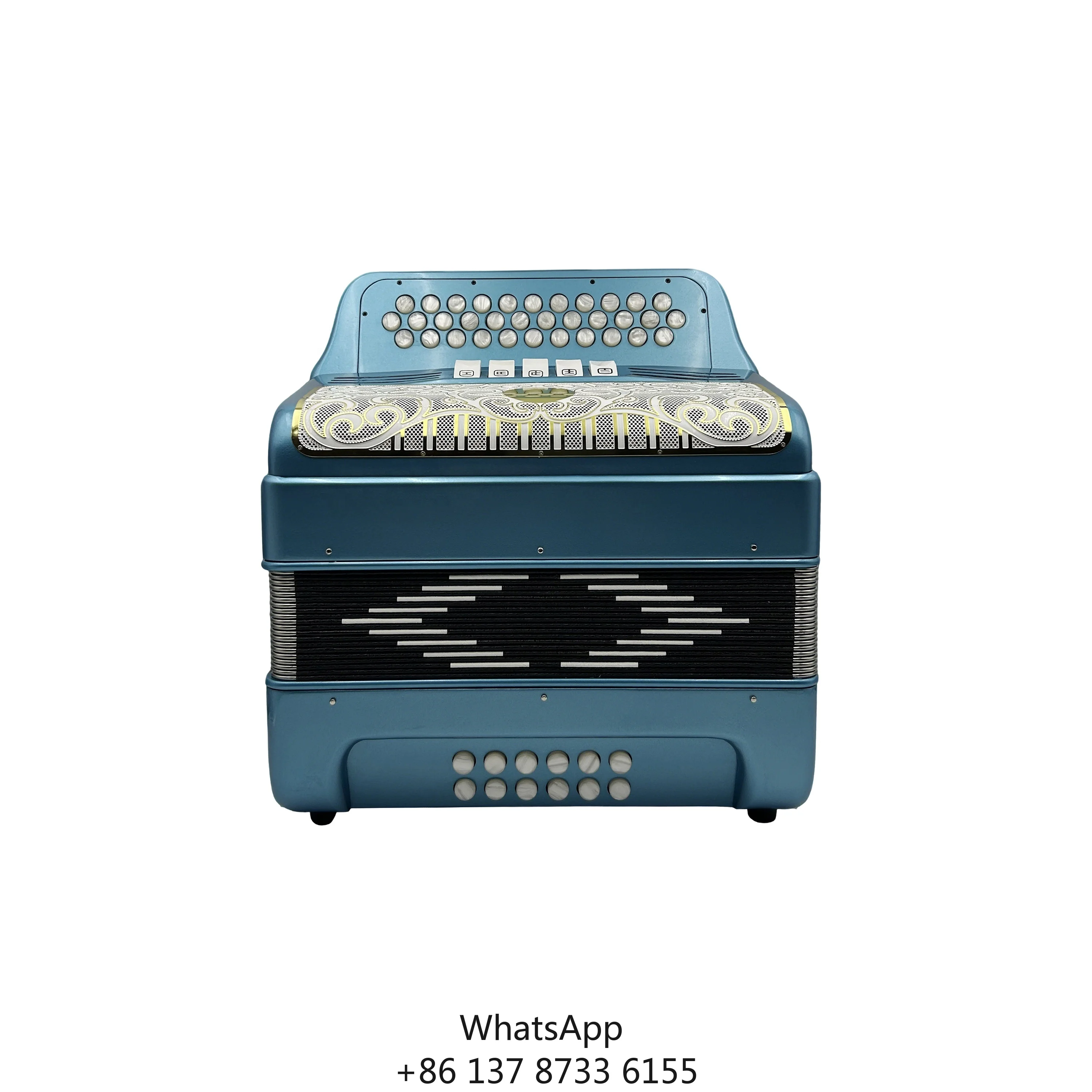 Professional Diatonic Accordion JB3412D 34-Button 12-Bass 5-Registers Blue Metallic Wood Body White Gold Grill White