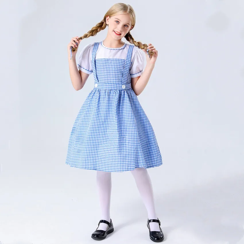 

Child Traditional Blue Plaid Oktoberfest Dirndl Dress Costume for Kid Girls Halloween Party Cosplay Dorothy Wizard of Oz Costume