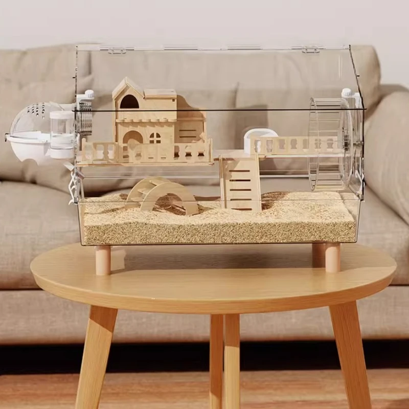 Solid Wood Hamster Cage, 360° Panoramic Transparent Syrian Hamster Home, Easy Clean Acrylic Mansion, Double Layer Rodent Habitat