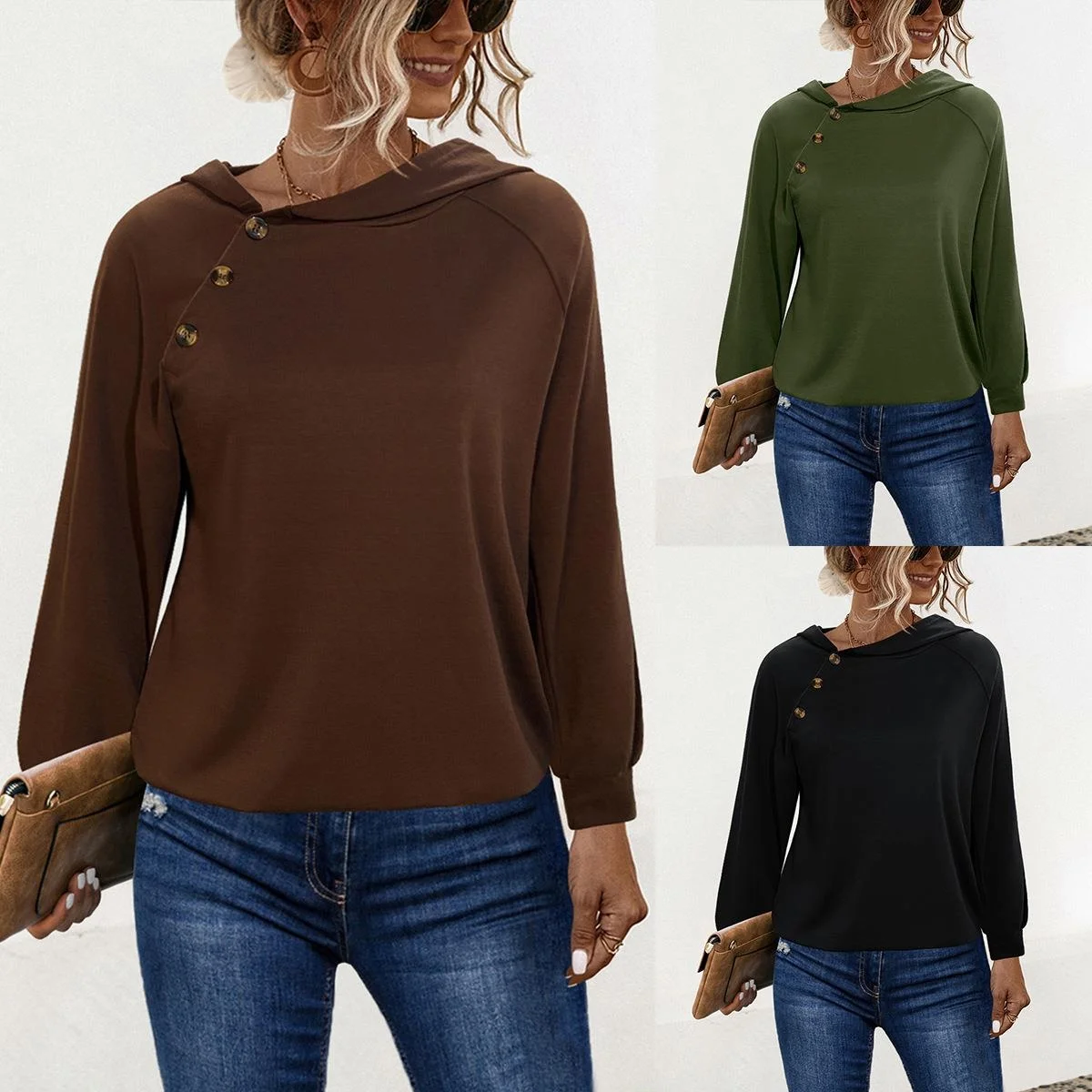 

Женский длинный свитер с капюшоном на пуговицах из полиэфирного волокна, повседневный однотонный свитшот свободного покроя для всех сезонов