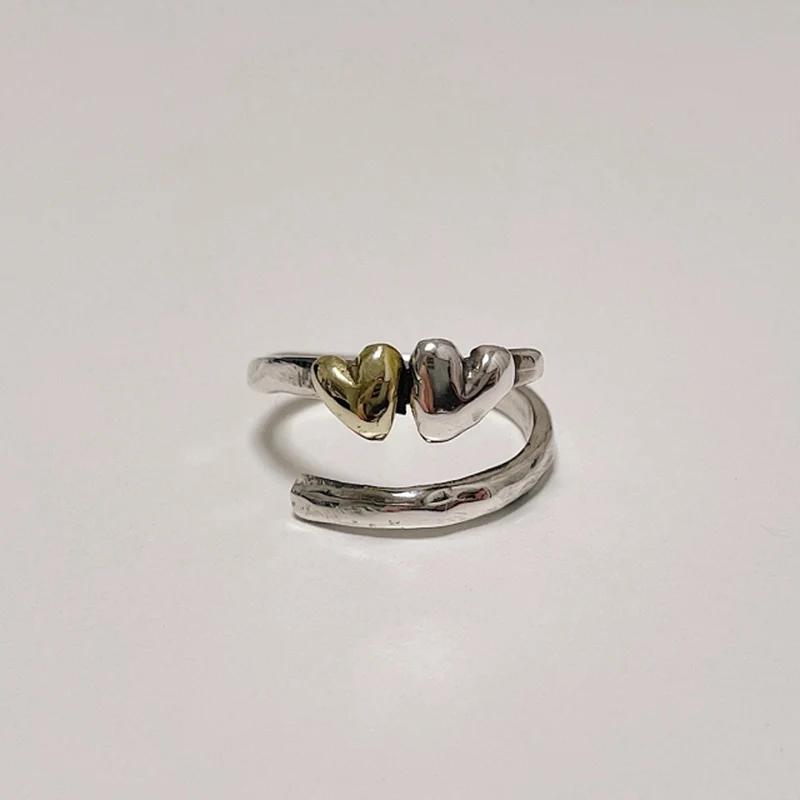 Mewanry Double Bicolor Heart Open Ring For Women Girls Creative Design Trendy Vintage Simple Chic Handmade Birthday Jewelry Gift