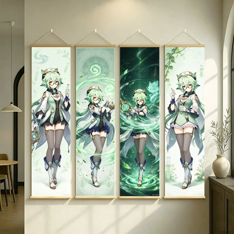 Hanging Scroll Wall Art of Genshin Impact Sucrose with Green Swirling Motifs on Silver Shimmer Canvas for an Anime Bedroom
