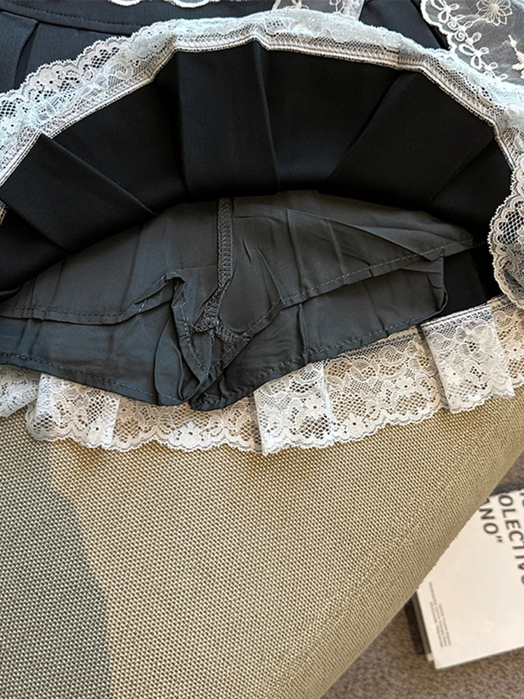 2025 Nowa damska słodka koronkowa koronkowa spódnica z wysokim stanem plisowana mini półspódnica koronkowy pasek Y2K Pure Desire Girl Short Skirt