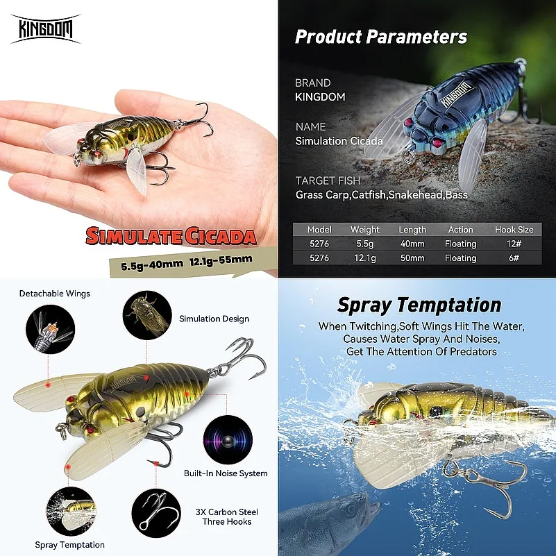 Kingdom Simulation Cicada Fishing Lures 40mm 55mm Topwater Hard Bait Saltwater Floating Bionic Insect Swing Hard Wobblers