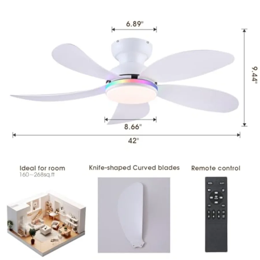 42 White RGB Ceiling Fans with Lights and Remote/APP for Modern Small Spaces, Quiet Reversible DC Motor, Dimmable LED Light wit