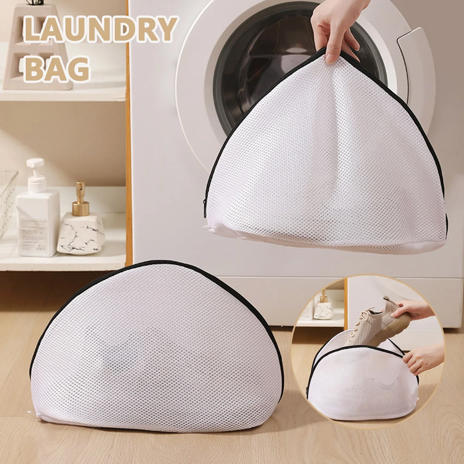 Household Shoes Wash Bags,Mesh Cleaning Laundry Bag with Black Zipper,Portable Clothes Washing Net Pocket for Hotel Travel, 1Pc