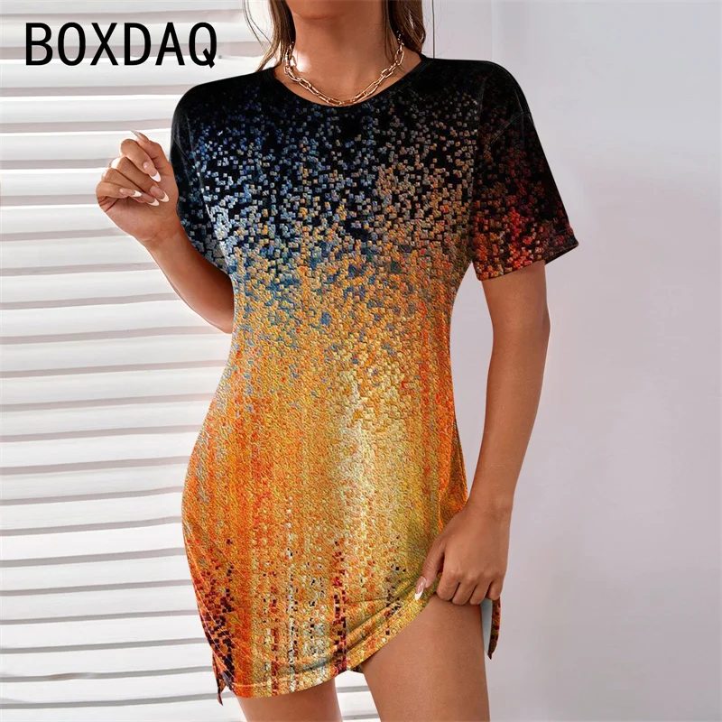 Beach Party Dress Big Size Summer Short Sleeve O-Neck Casual Mini Dress 3D Vintage Gradient Litte Floral Elegant Dress