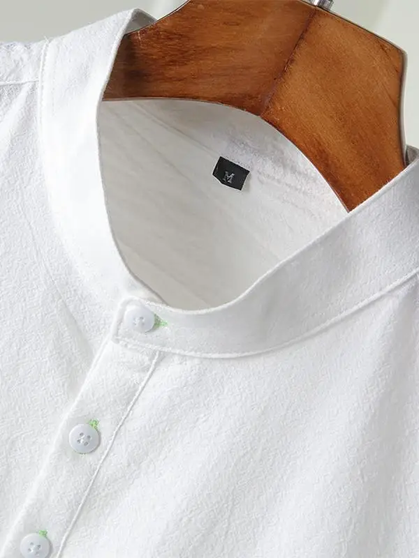 

Summer Thin Collar Japanese Sle Ice Silk Linen ort Sve Men's Loose Cotton Linen f Sve Body irt White