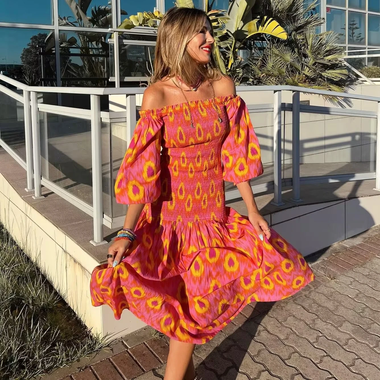 TEELYNN Vintage Puff Sleeve Beach Boho Dress Women Robe Sexy Off Shoulder Slash Neck Rayon Dresses Summer Casual Long Vestidos