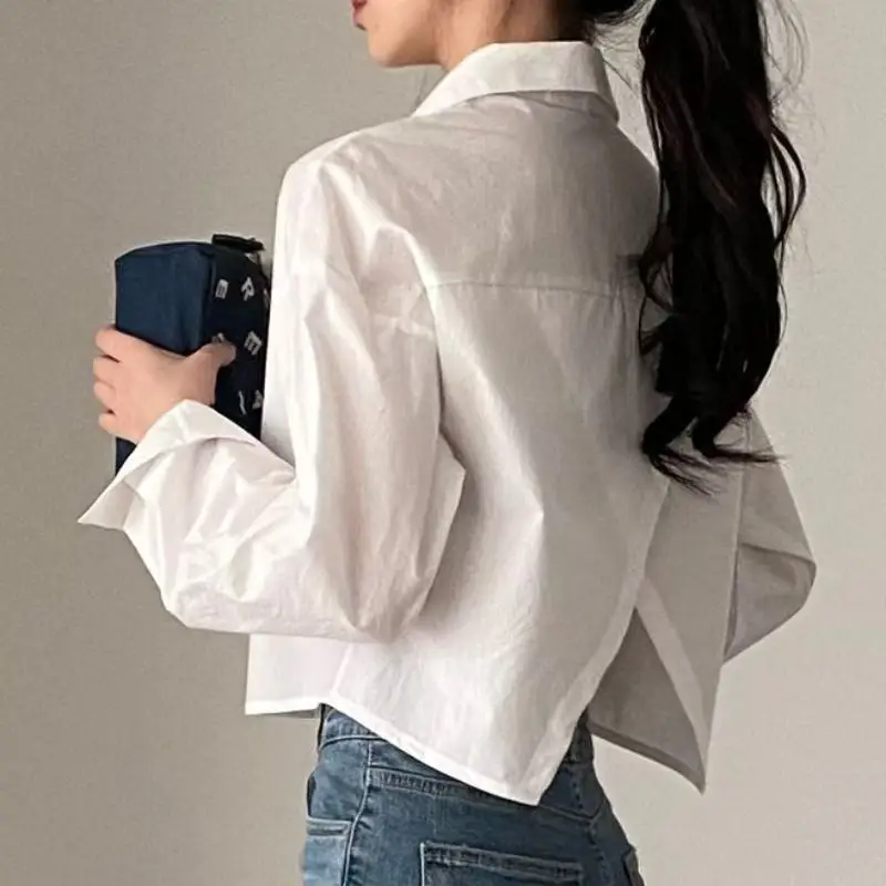 

Spring New Casual Long Sleeve Women White Shirt Korea Style Solid Button Split Woman Crop Tops Blouse Party Clothing