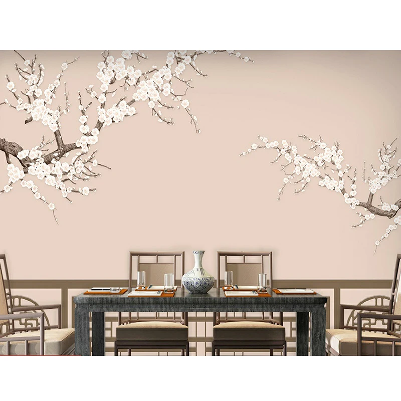 Customized New Chinese doors windows plum blossom wallpaper TV background wall living room tea room private room mural bedroom