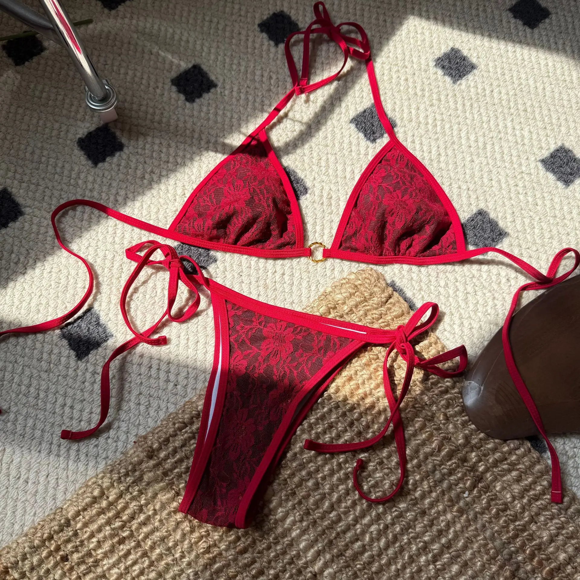 

sexy lace micro mini string halter tie bikinis sets two pieces ring swimwear swimsuit bathing suit biquini solid black and red