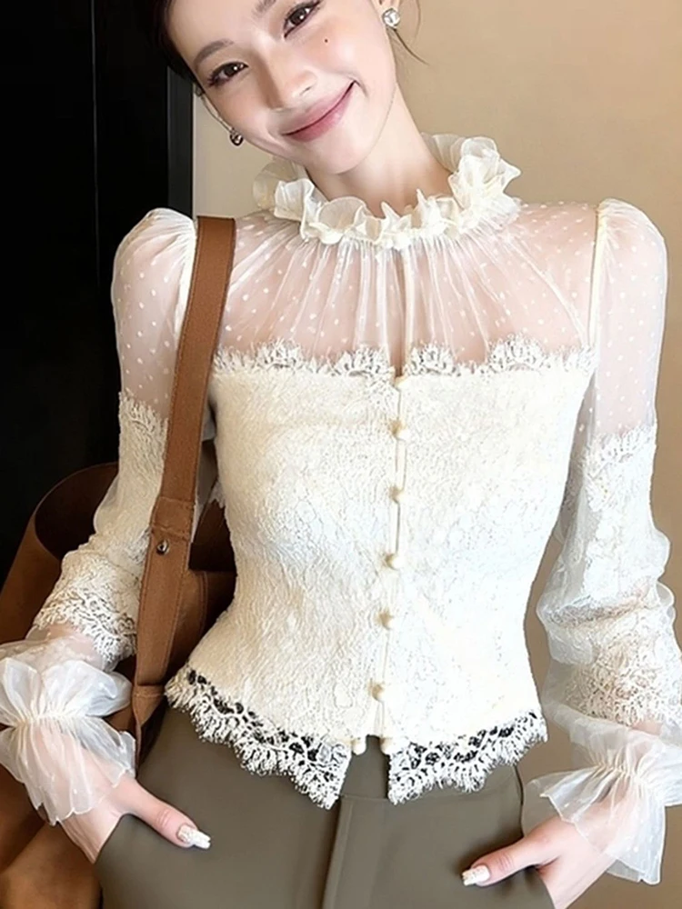 Camicie sexy patchwork in pizzo da donna manica lunga slim fit volant colletto alla coreana camicetta bottoni chic top da donna da ufficio a pois spessi