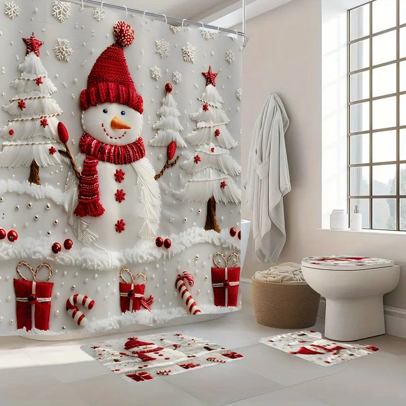 

4Pcs Christmas Snowman Shower Curtain Set, 12 Hooks, Bath Mat, Toilet Cover, Curtain, Bathroom Accessories, Home Decor