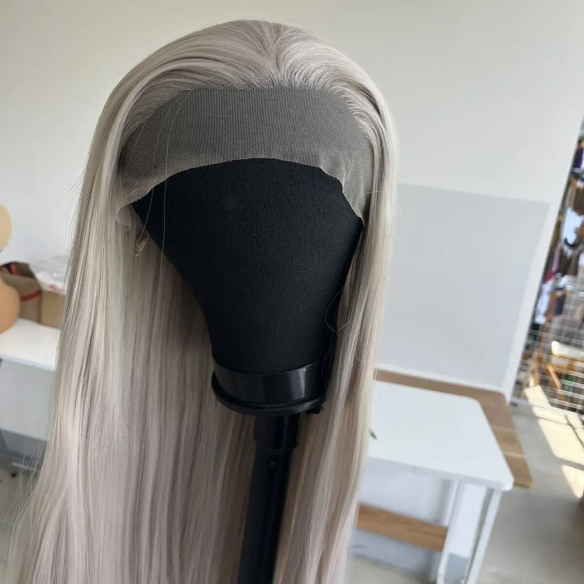 Long Straight Heat Resistant Synthetic Hair Lace Frontal Wig Silver grey