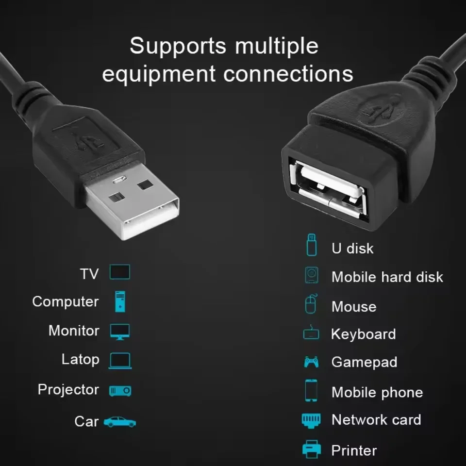 USB 2.0 Male to Female Data Sync Black Charger USB Extension Cable Cord USB Extender Cable For PC Laptop Keyboard 0.8m 1m 1.5m