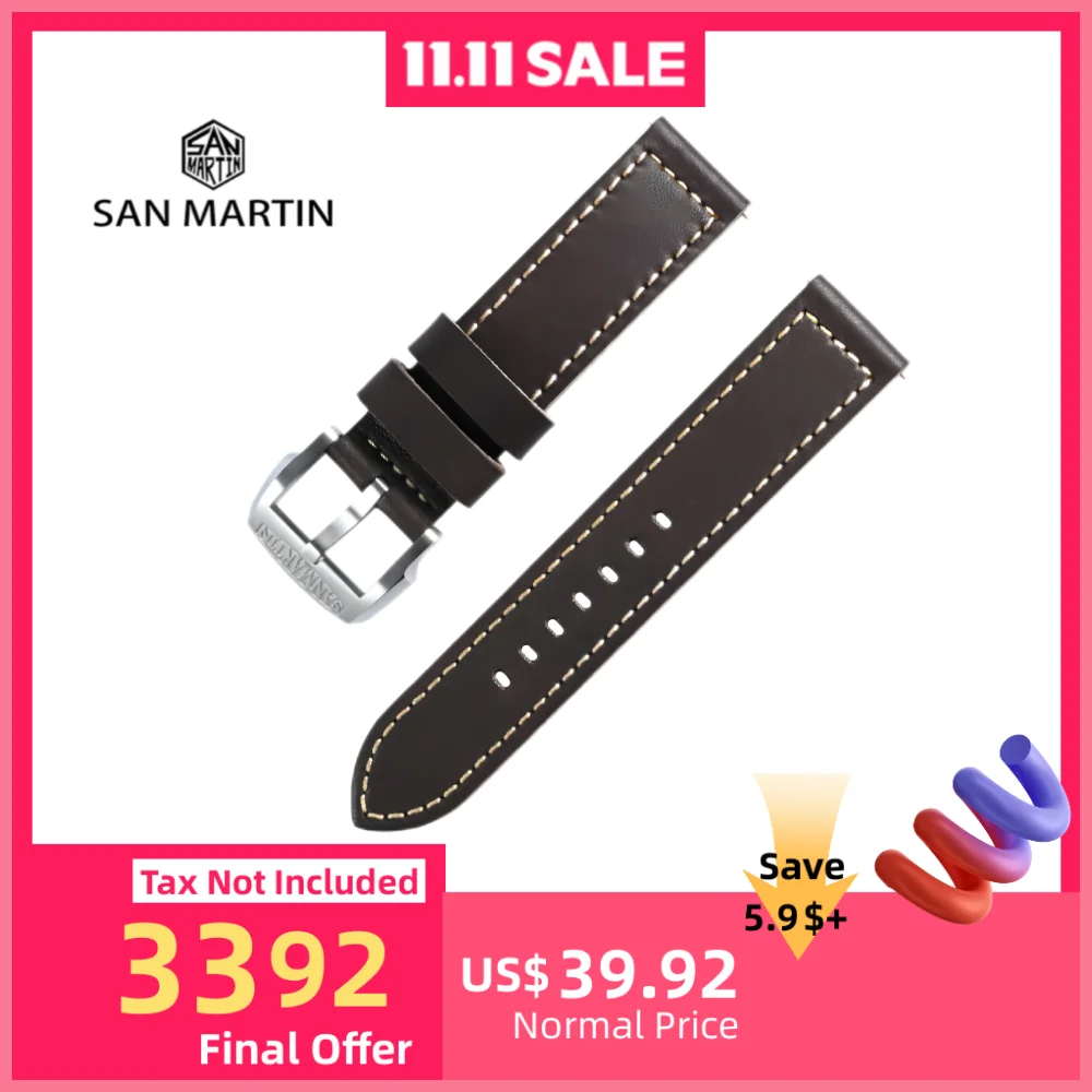 

San Martin Watch Strap 20mm 23mm Baha Calfskin Leather Watchband Dark Brown Rough Western Band Bronze Steel Buckle Quick Release