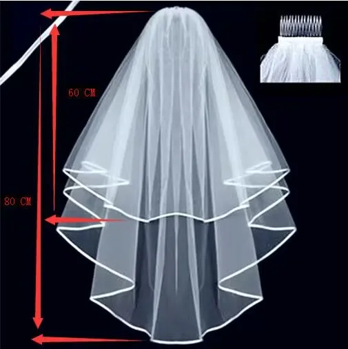 Weißer elfenbeinfarbener Hochzeitsschleier, 2-stufiger Kaskaden-Brautschleier in der Mitte mit Kamm für die Junggesellenabschied – Detail 1