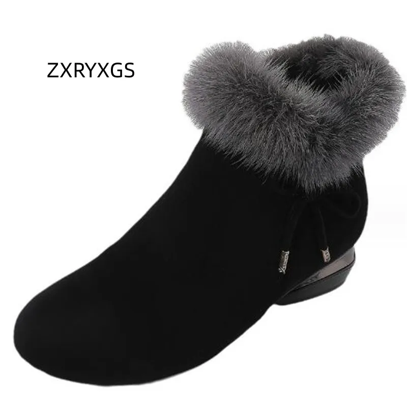 ZXRYXGS Superior Frosted Cowhide Mink Fur Decoration Women Fashion Boots 2023 High-end Autumn Winter Boots Low Heel Large Size