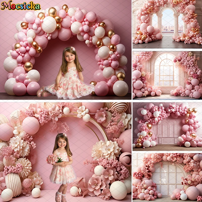 Pink Princess Girl Birthday Photography Background Balloon Arch Floral Decor Kids Portrait Cake Smash Backdrop Photo Studio