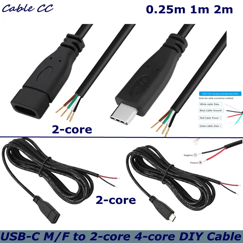 USB C Type C Male Female to 2-Pin 4-Pin Bare Wire Power Cable , 5V/3A, 22AWG , for DIY Repair and Replacement of USB-C Devices