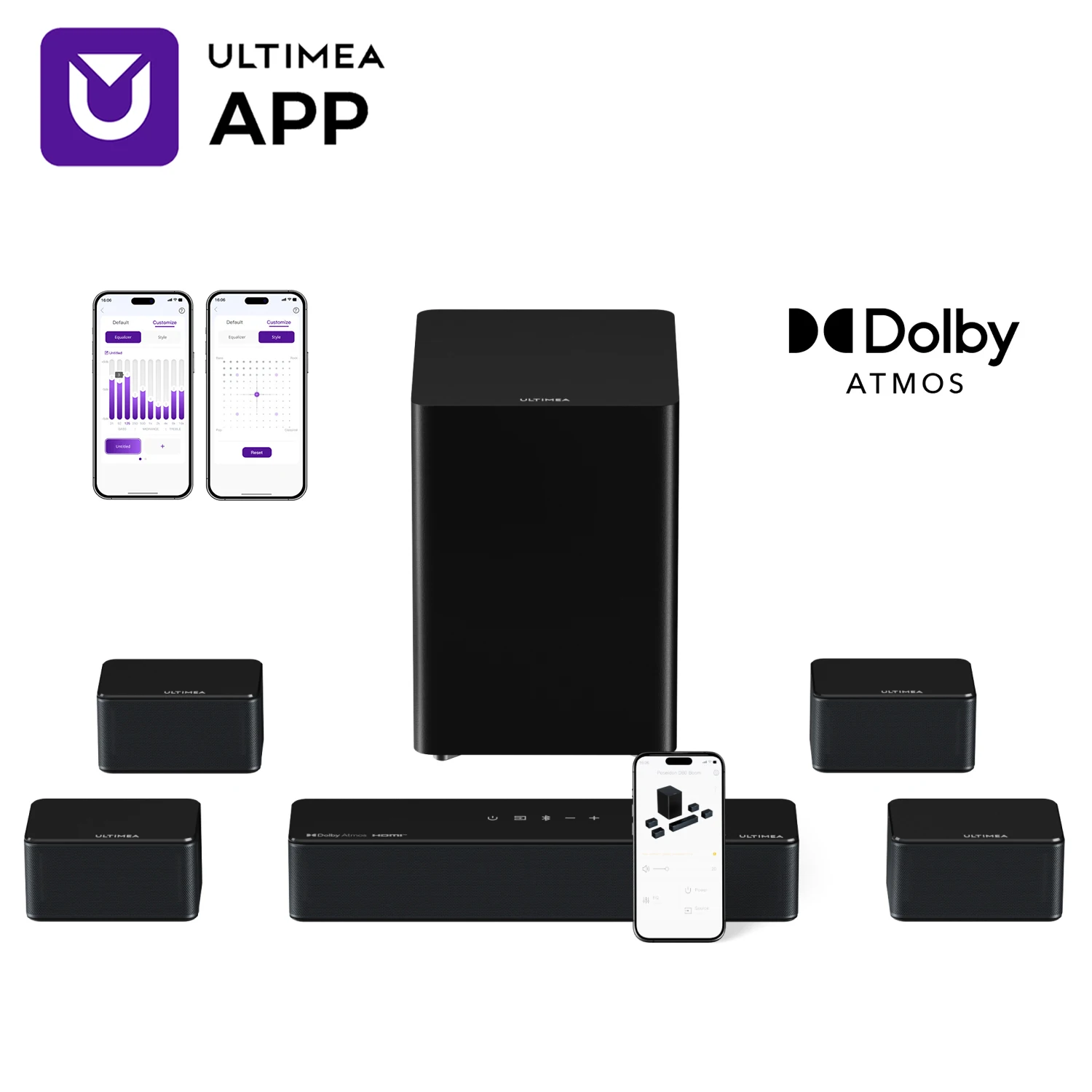 

ULTIMEA Poseidon D80 Boom 7.1ch Dolby Atmos Soundbar Surround Sound, Wireless Subwoofer & 4 Surround Speakers, BassMX Technology