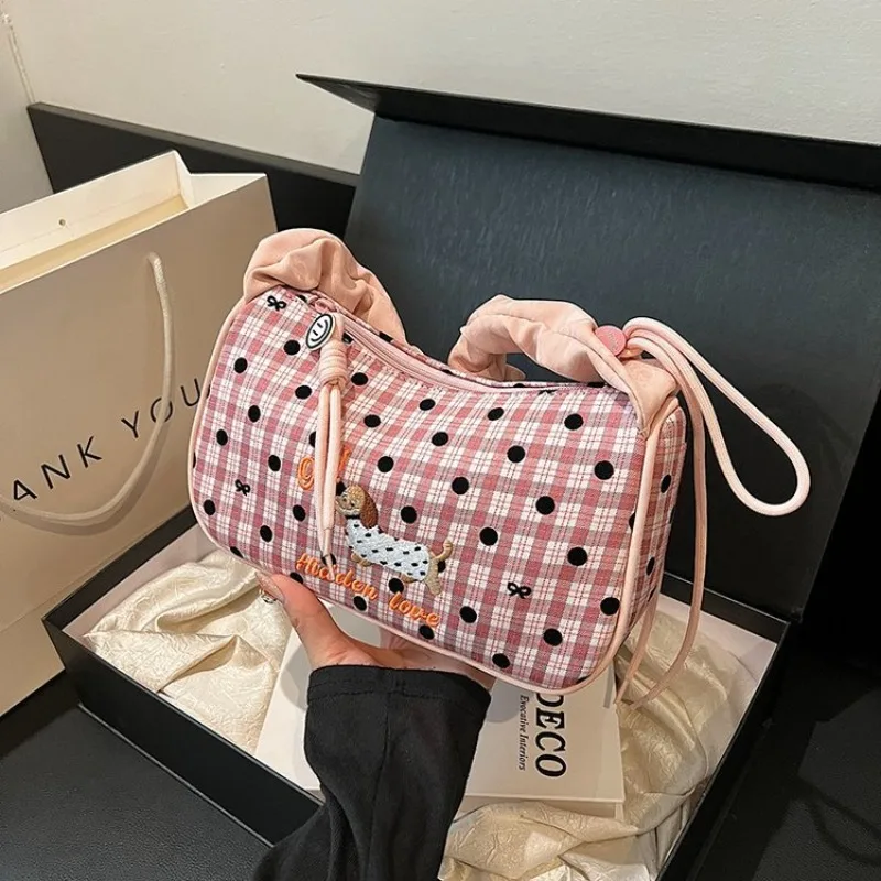 2026 New CEEKAY Gingham Dot Underarm Bag Cute Shoulder Bag with Dachshund Embroidery & Ruched Strap, Versatile Handbag for Women