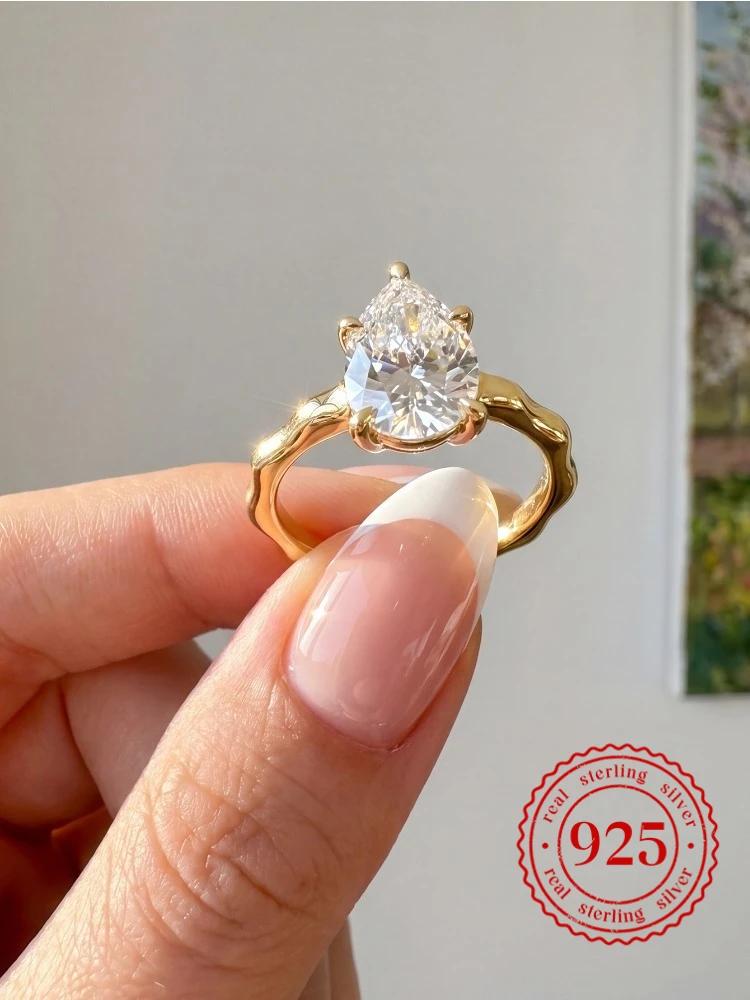 925 Sterling Silver Exquisite Wave Water-Drop Zircon Ring For Women Engagement Wedding Anniversary High Quality Fine Jewelry