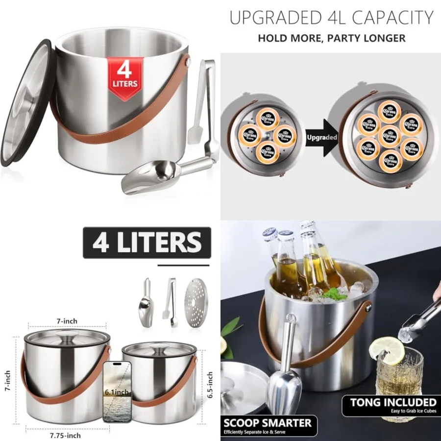 

Bakpoco 4L Ice Bucket with Lid, Scoop, Tongs Strainer, Stainless Steel Double Wall Insulated Ice Buckets for Parties Cocktail B