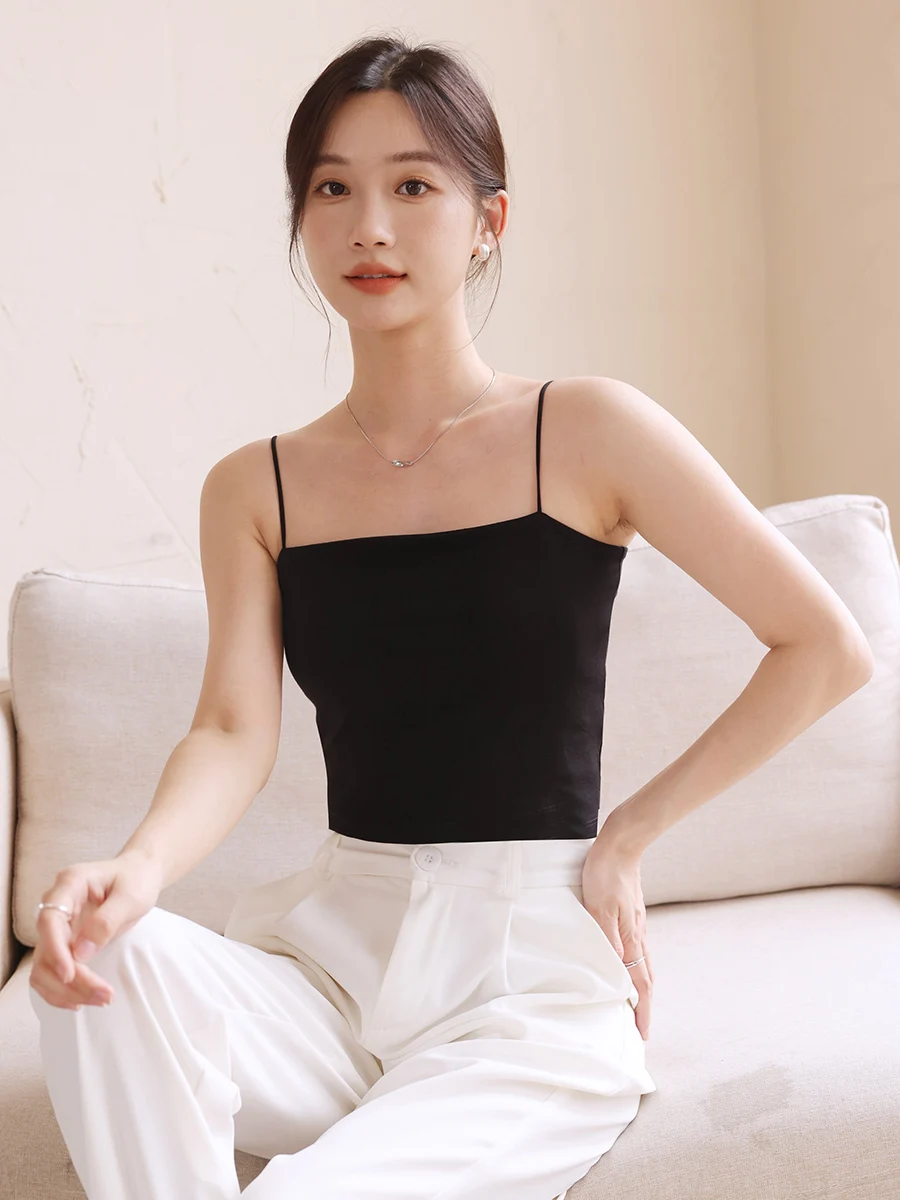 Black Korean Style Integrated Short Vest Women's Inner Wear Strapless Bra with Chest Pad U-Neckline Daily Casual Top