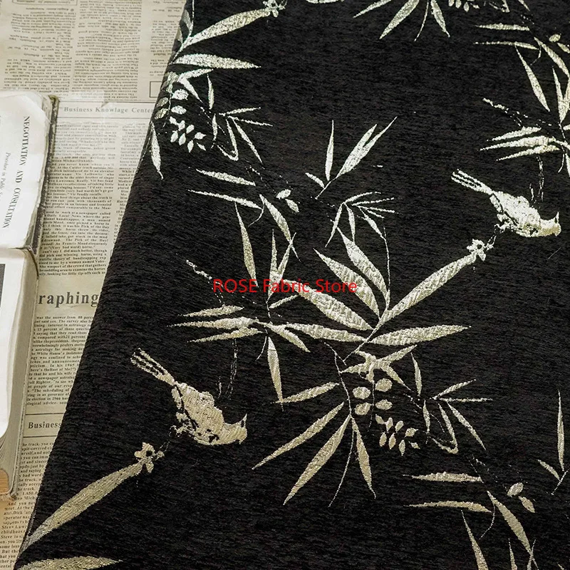 Tessuto jacquard con foglie di bambù in oro nero da 1 metro, abito da donna retrò, gonna soffice, borsa per bagagli, tessuto da cucito decorativo