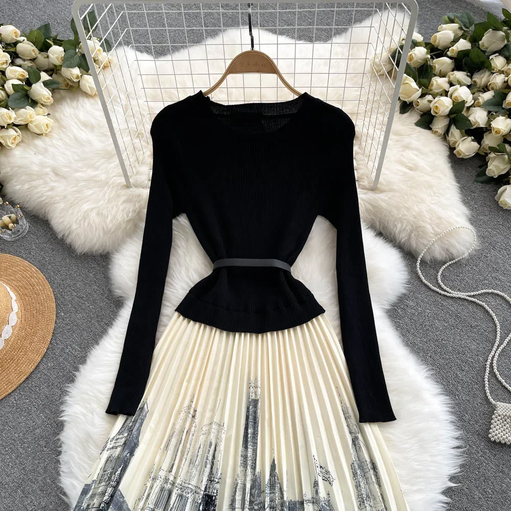 Casual O-neck Basics Long Sleeve Chic Ink Painting Print Knit Spliced Pleated Dress French Evening Women Fashion Autumn Clothing