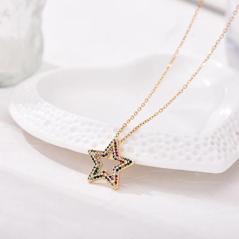 Trendige mehrfarbige Stern-Zirkon-Anhänger-Halskette für Frauen, Edelstahlkette, Vintage-Halskette, weiblicher Alltagsschmuck, Geschenk – Detail 5
