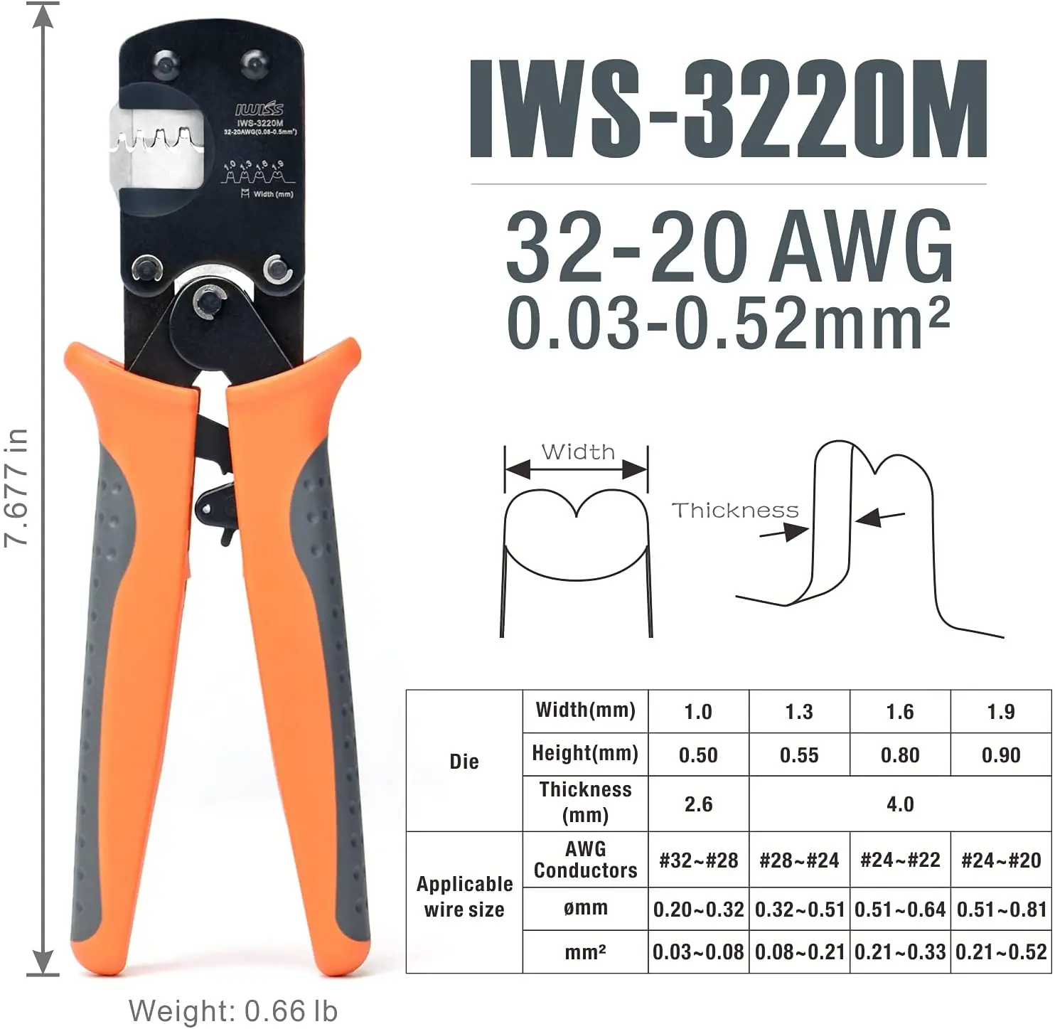 IWISS IWS-3220M Micro Connector Pin Crimping Tool 0.03-0.52mm² 32-20AWG Ratcheting Crimper for D-Sub Open Barrel suits Molex JST