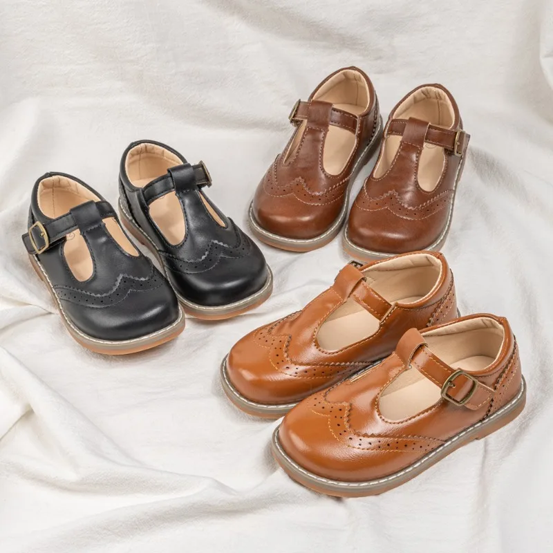 

2026 New Children Retro Leather Shoes Kids Fashion Design Rubber Soft Anti-Slip Flat Sole Youngsters Teens Casual Walking Shoes