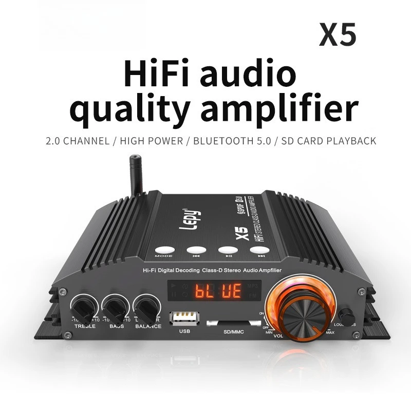 Bluetooth 5.0 Class D Digital Power Amplifier 2*100W  Superbass Output Coaxial Audio DecoderUSB Lossless Playback for 5 Speakers