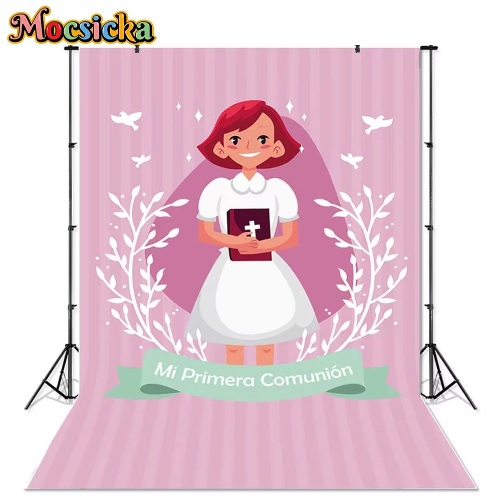 

Mocsicka My First Communion Photography Backdrop Baby Shower Girl Baptism Photo Background Pink Stripe Decoration Prop Photocall
