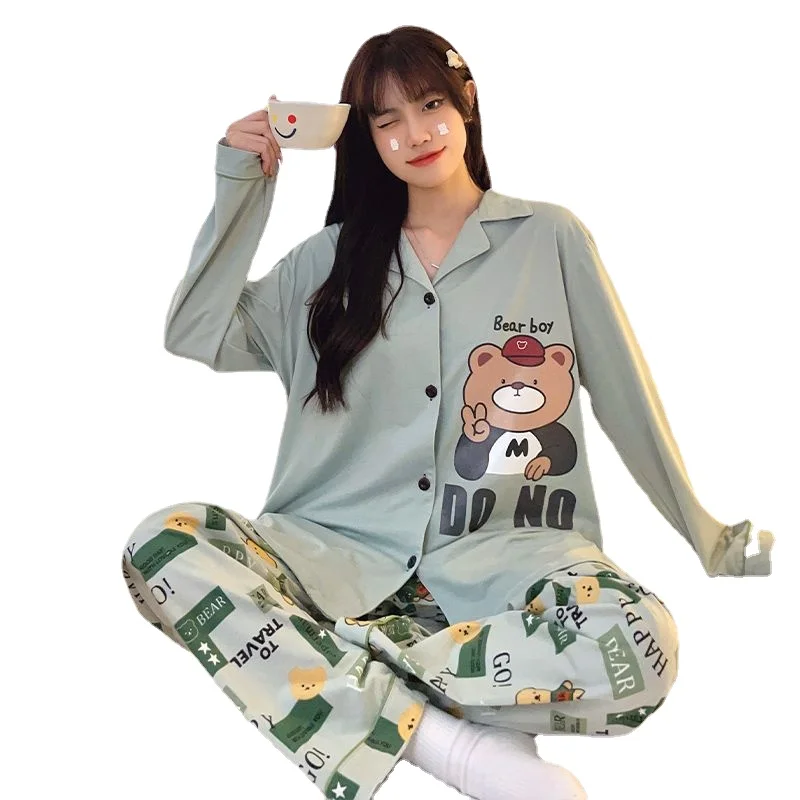 2024 New Sleepwear Spring Autumn Women Long-Sleeved Trousers Sweet Cute Bear Pajamas Suit Female Large Size Casual Homewear Suit