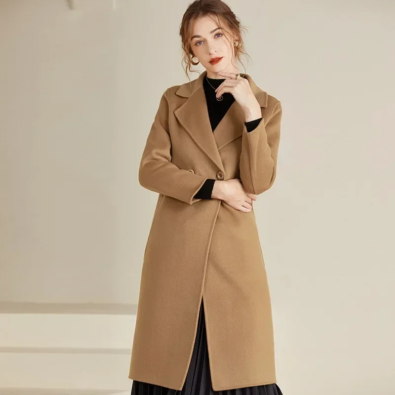 New autumn and winter suit 100% wool double-sided woolen coat women's long slim-fitting woolen high-end thin coat temperament