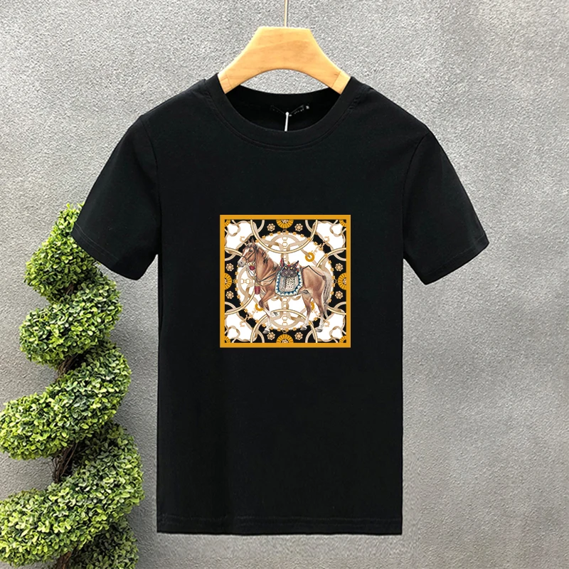 High Quality Luxury Brand 100% Cotton Design Horse Printing Tees Summer Harajuku Men/Women Short Sleeve T-shirt Asian Size S-5XL