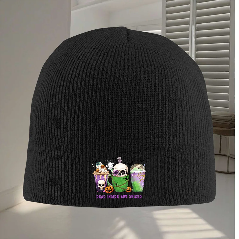 1pc Halloween Skull Beanie Hat - Funny Skullies Winter Cap with Dead Inside But Spiked Design, Warm Black Knit Skull Cap