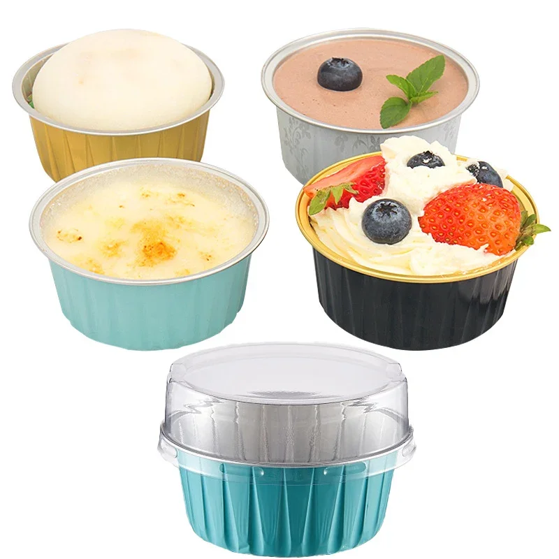 100pcs 125ml Aluminum Foil Disposable Cake Baking Cups Pudding Mousse Dessert Cupcake Cake Cups With Lid Pastry Muffin Cake Mold