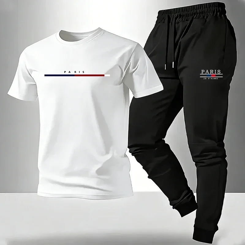 Male Home Outdoor Comfort Casual Tees Outfit S-3XL Men's Set T-shirt and Sweatpants Paris Print Summer Short Sleeve Tracksuit