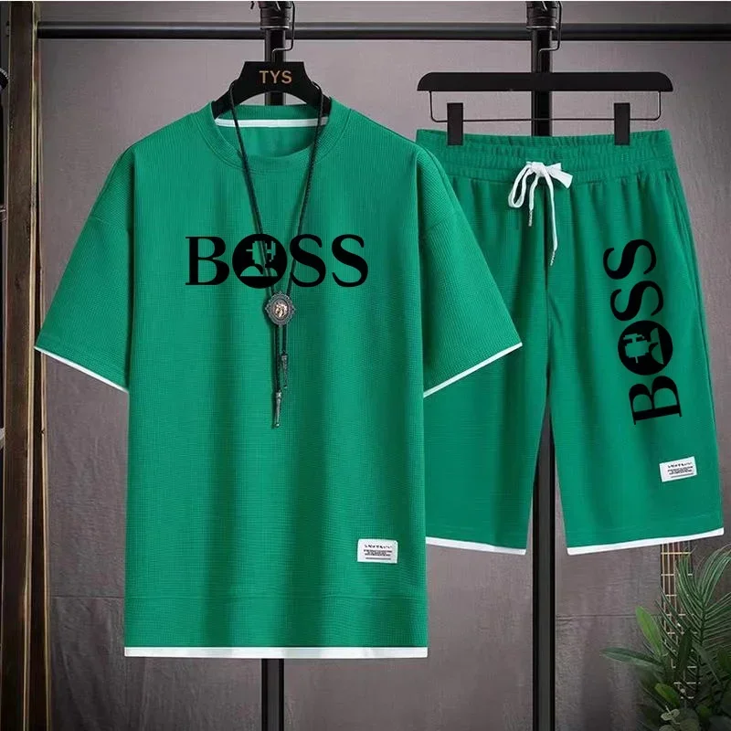 Conjunto de ropa deportiva de lujo para hombre, camiseta informal de Fitness y pantalones cortos, conjunto de 2 piezas de manga corta, novedad de